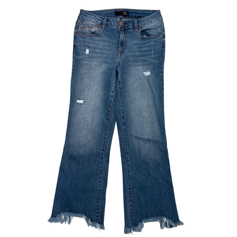 1822 Denim High Rise Cropped Flare Jeans Distressed Frayed Hem Blue‎ Size 4 27
